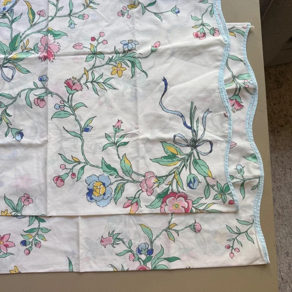 Vintage Floral Pillowcase Pair Standard White Pink Blue Scalloped Cottagecore